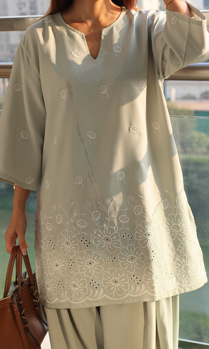 Muted Olive Embroidered Anti Fit Kurta & Farshi Salwaar