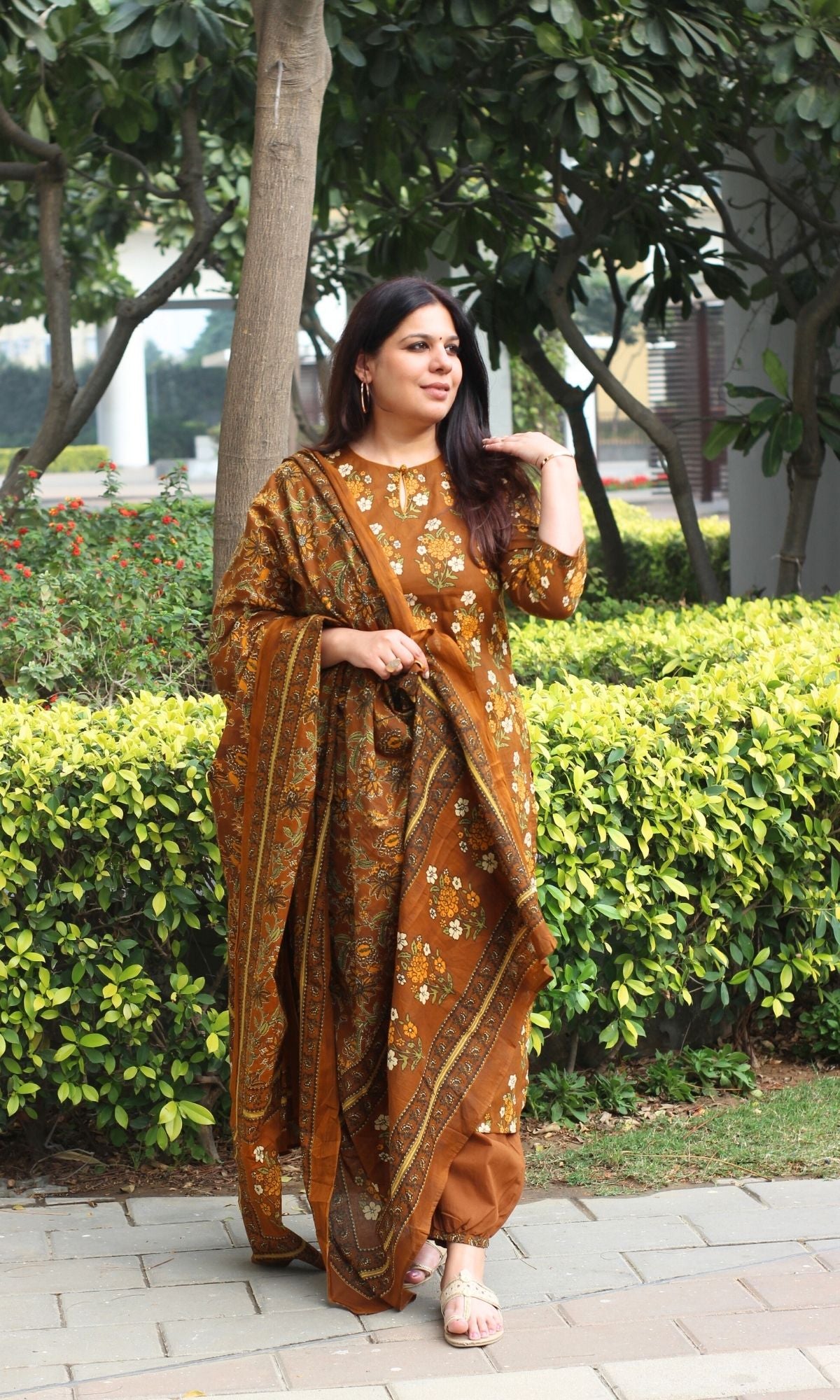 Cotton Coffee Mughal Print Suit with Afghani Pants & Mul Printed Dupatta