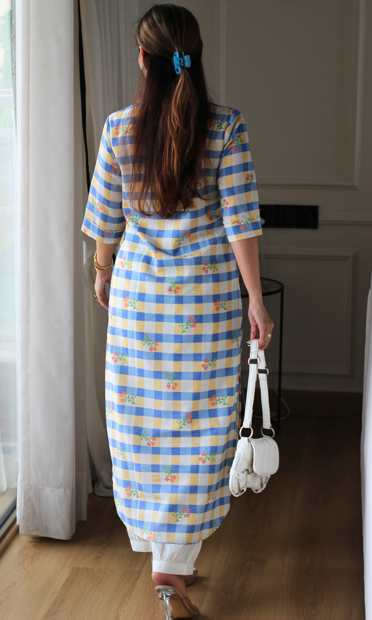 Blue & White Checkered Kurta with Pants