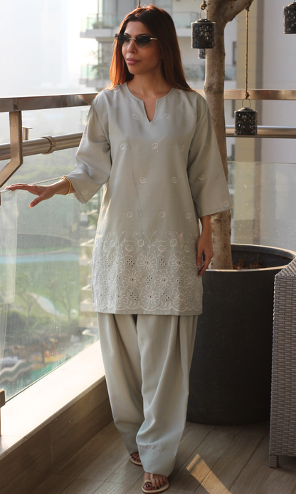 Muted Olive Embroidered Anti Fit Kurta & Farshi Salwaar