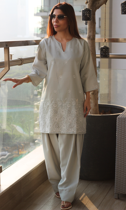 Muted Olive Embroidered Anti Fit Kurta & Farshi Salwaar