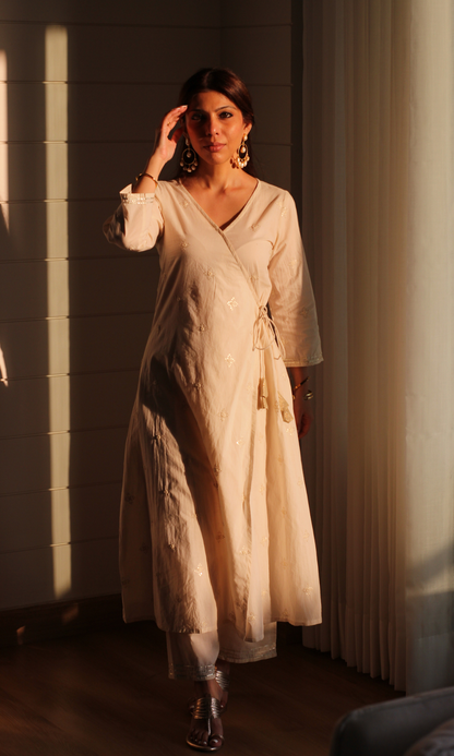 Ivory Embroidered Cotton Angrakha Kurta & Pants