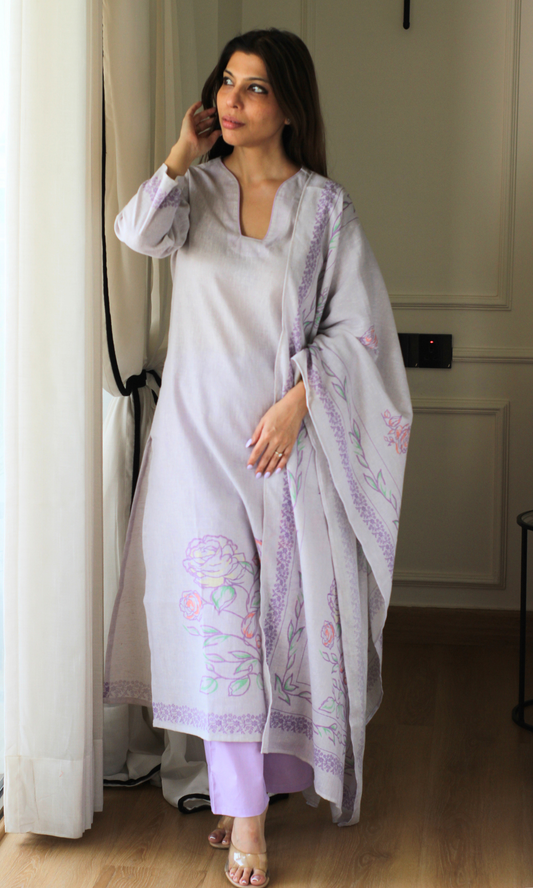 Soft Lavender Linen Blend Printed Kurta, Dupatta & Cotton Pants