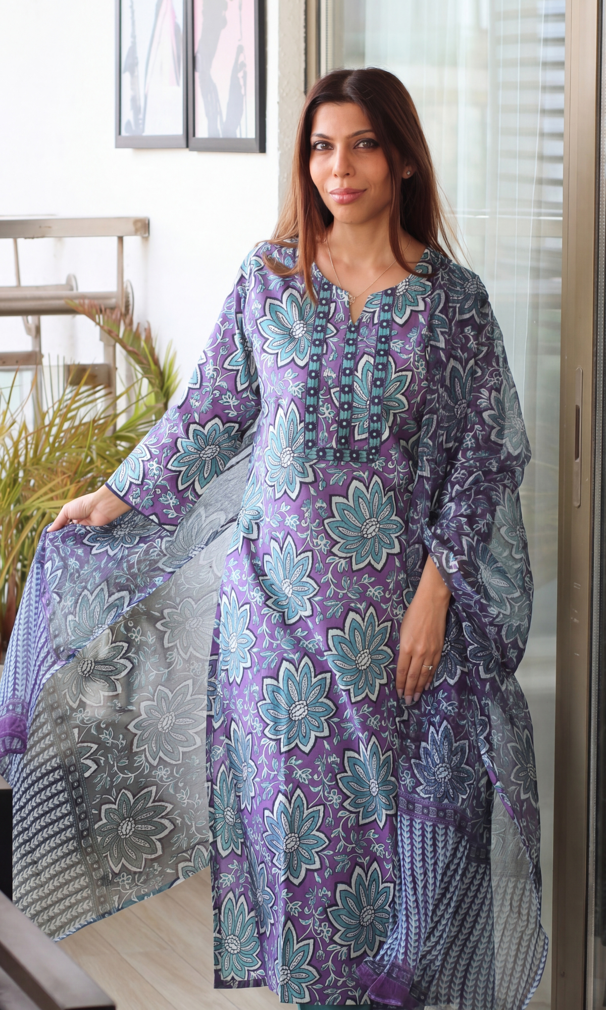Cotton Orchid Floral Sanganeri Print Kurta Kota Doria Printed Dupatta & Cotton Pants
