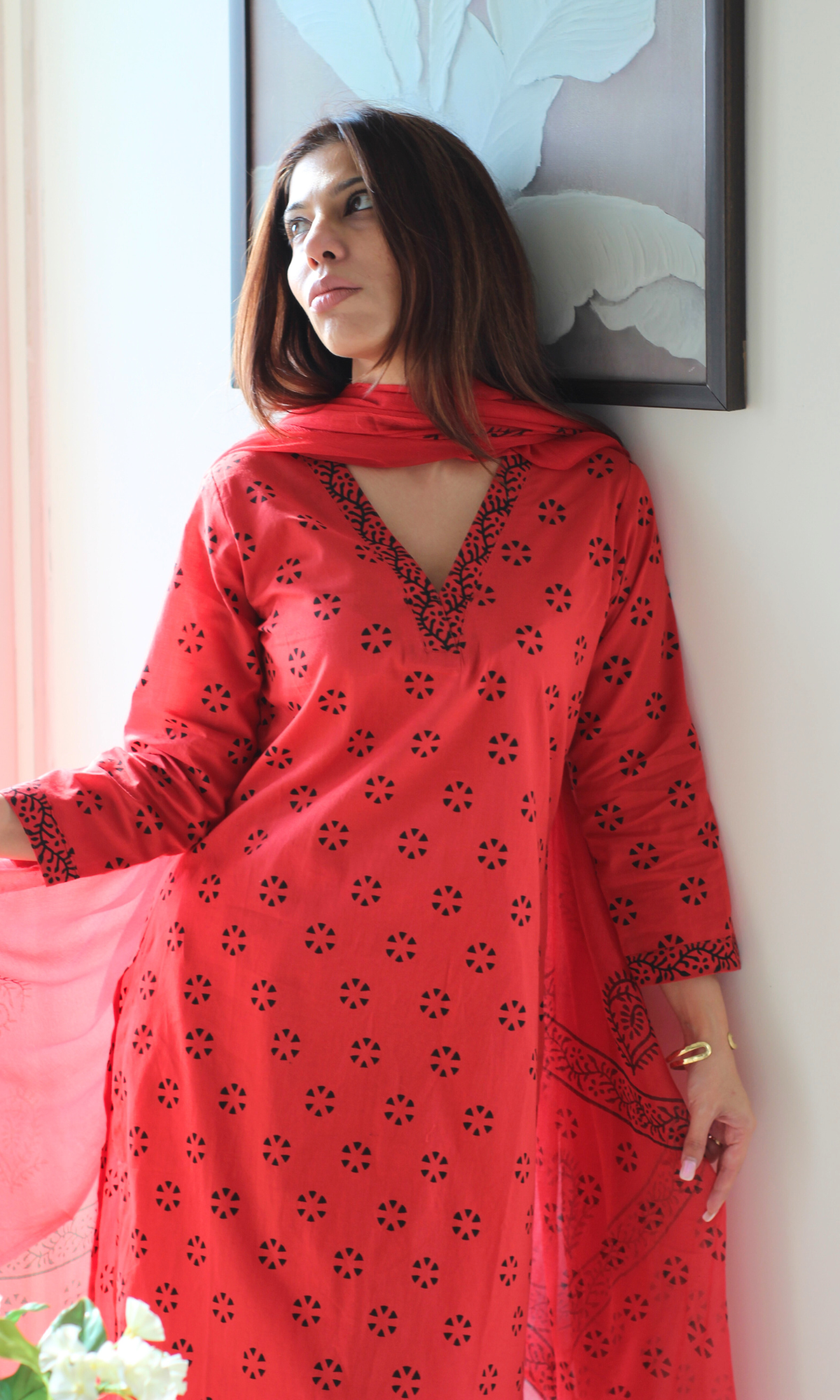 Cotton Persian Red Dotted Flower Print Suit with Chiffon Handblock Print Dupatta