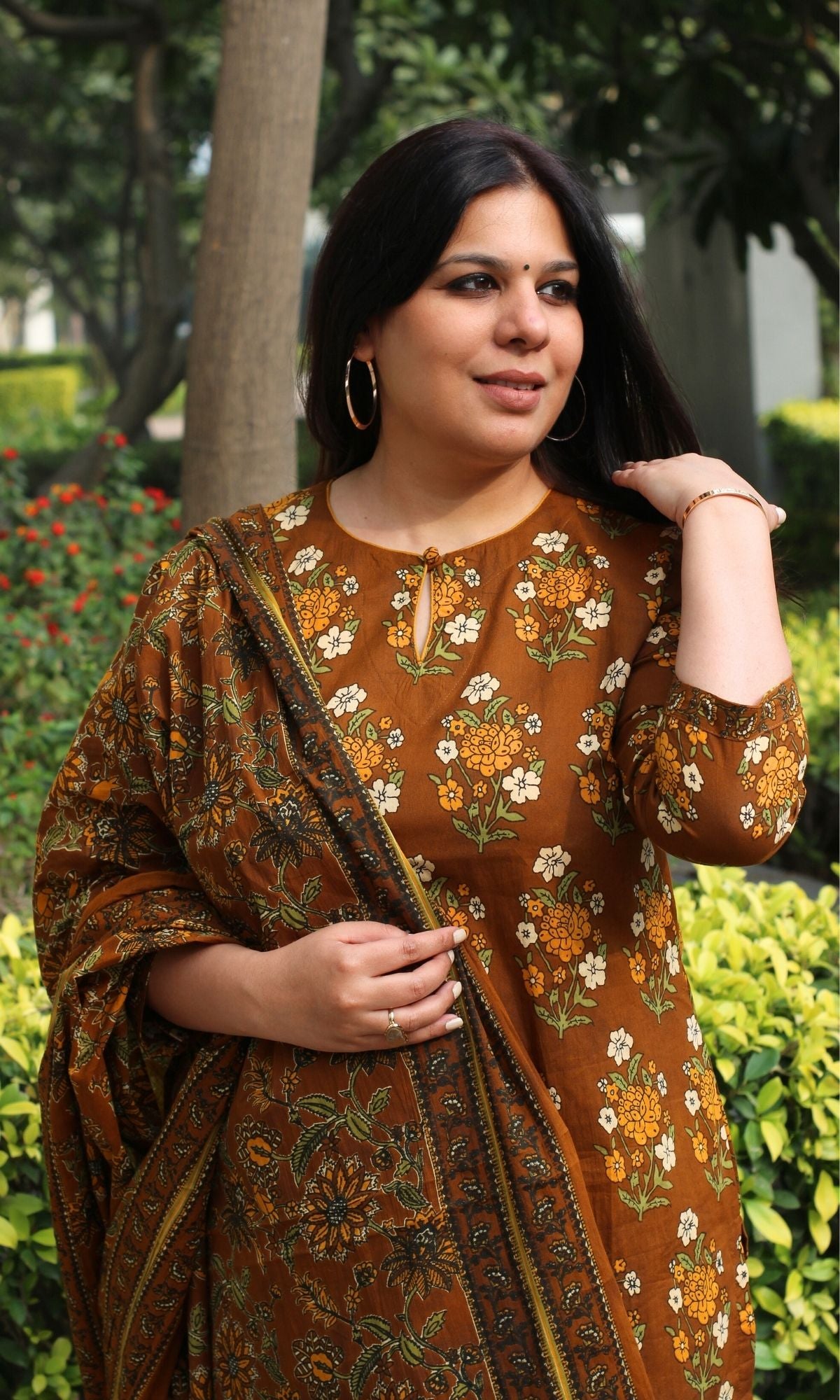 Cotton Coffee Mughal Print Suit with Afghani Pants & Mul Printed Dupatta