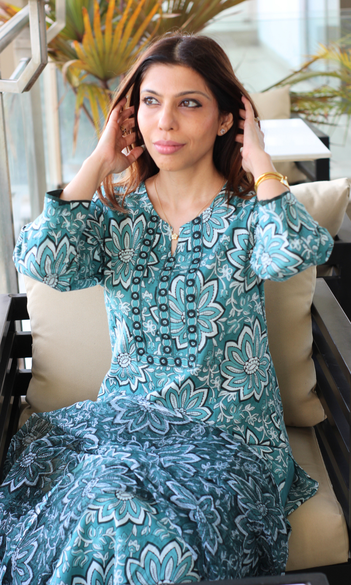 Cotton Aqua Floral Sanganeri Print Kurta Kota Doria Printed Dupatta & Cotton Pants
