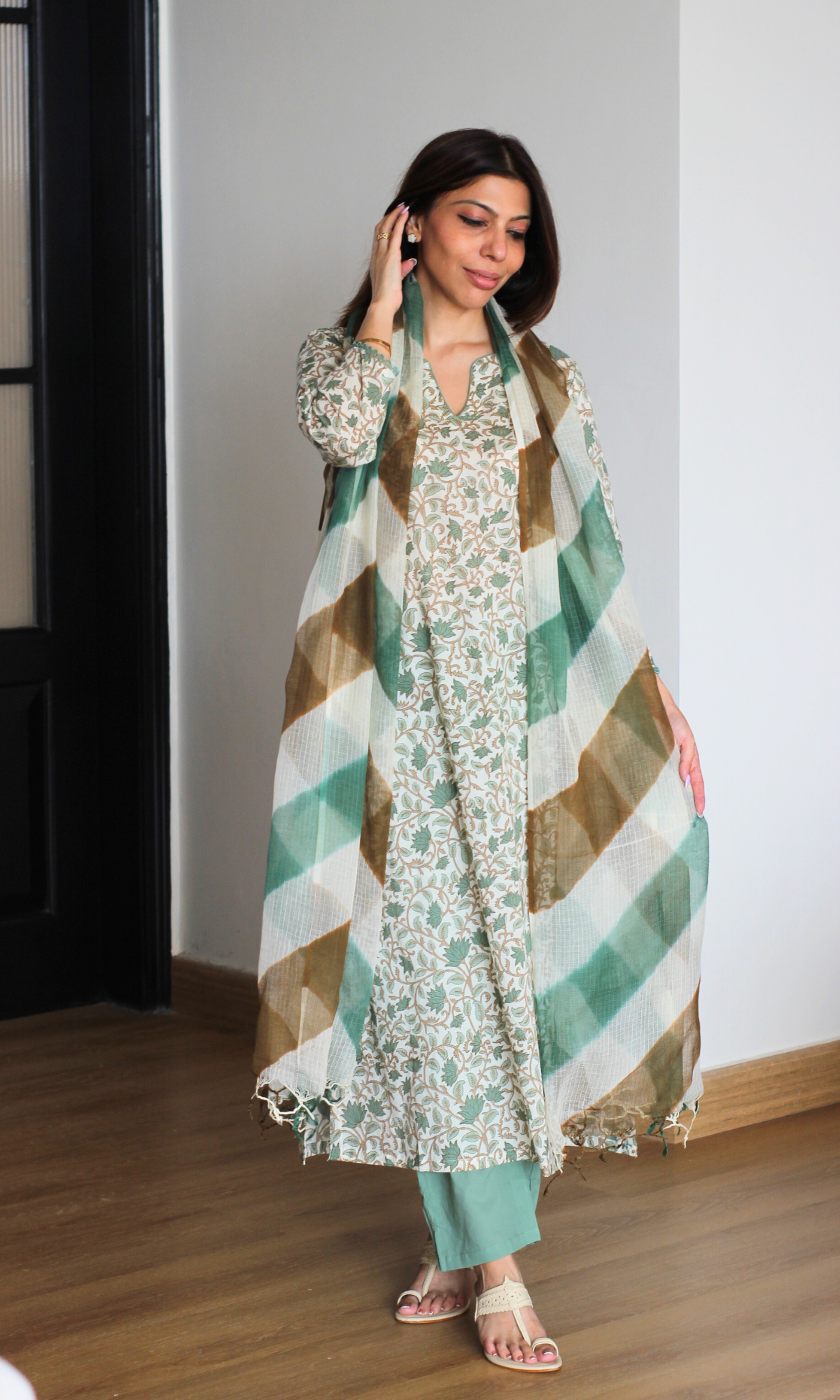 Gul Sage Printed Kurta, Solid Pants & Lehariya Kota Dupatta