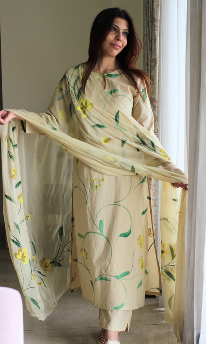 Cotton Beige & Yellow Handbrush Painted Kurta, Pant & Chiffon Handpainted Dupatta