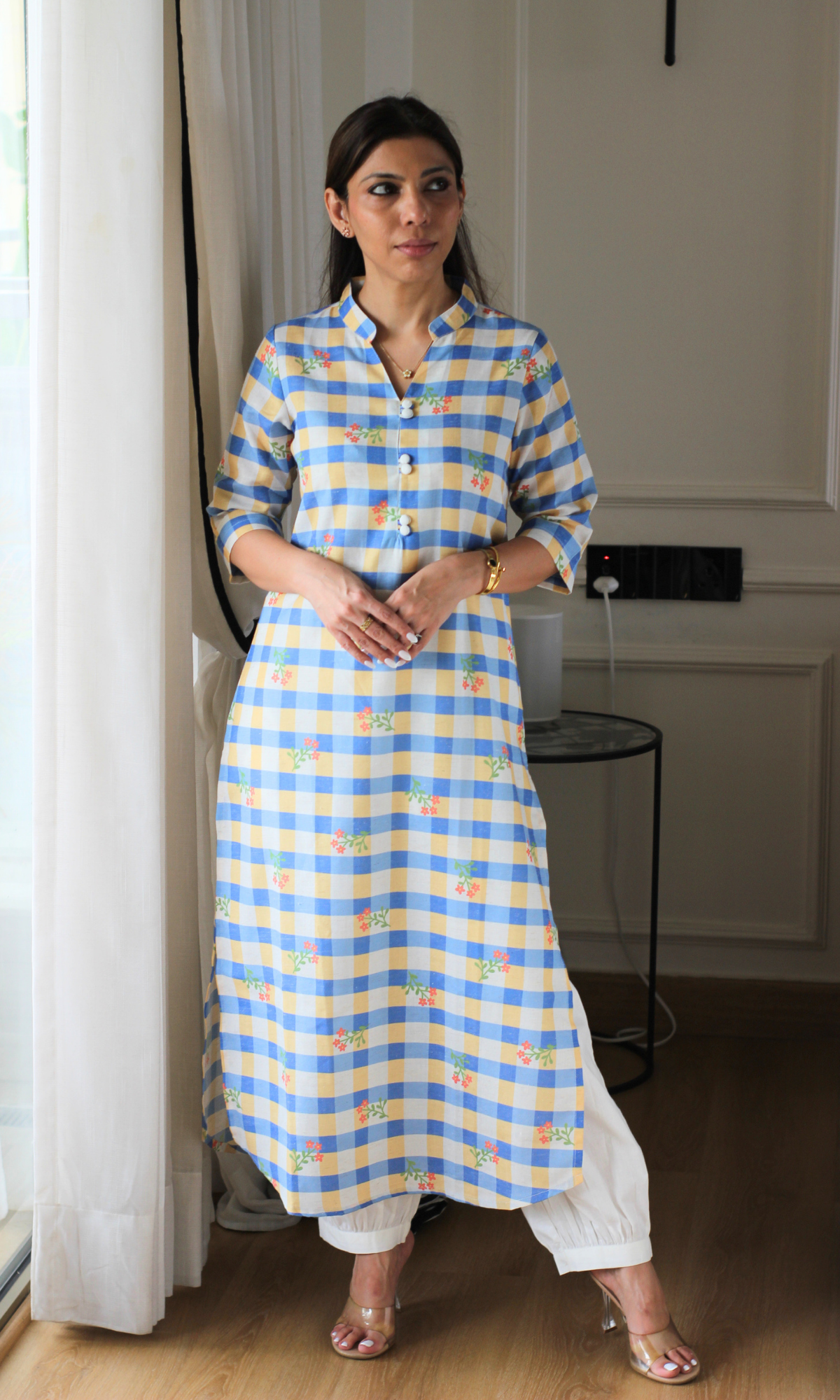 Blue & White Checkered Kurta with Pants