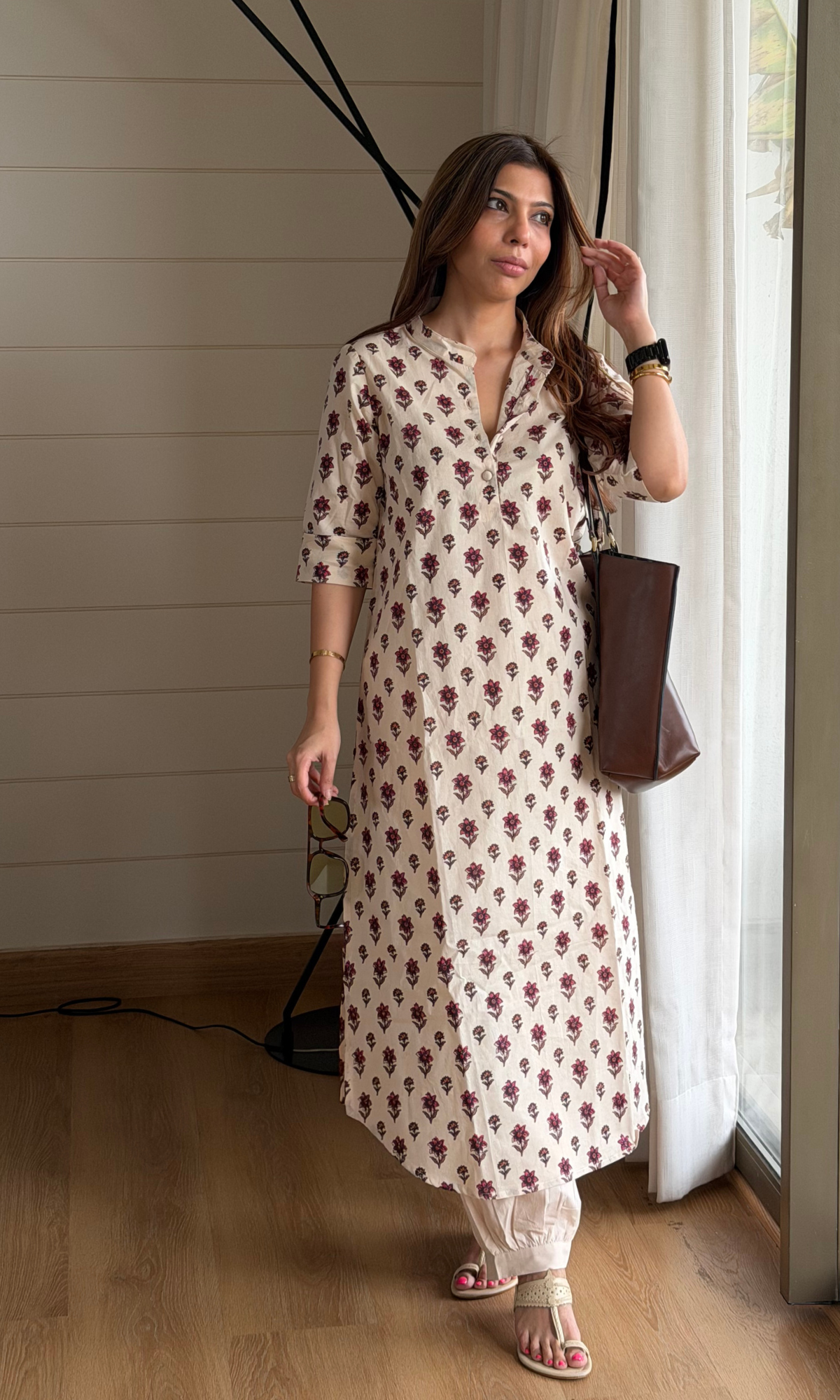 Huma Red Booti Handblock Cotton Buttoned Kurta with Pleated Pants