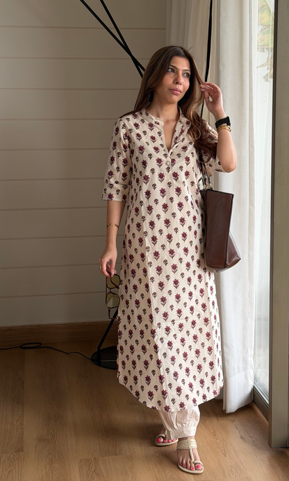 Huma Red Booti Handblock Cotton Buttoned Kurta with Pleated Pants