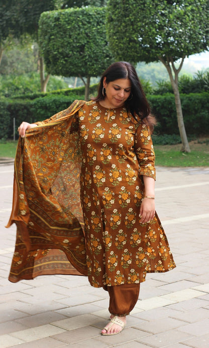 Cotton Coffee Mughal Print Suit with Afghani Pants & Mul Printed Dupatta