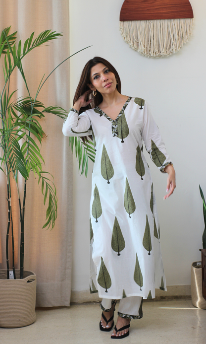 Cotton Ivory Leaf Printed Kurta & Pant