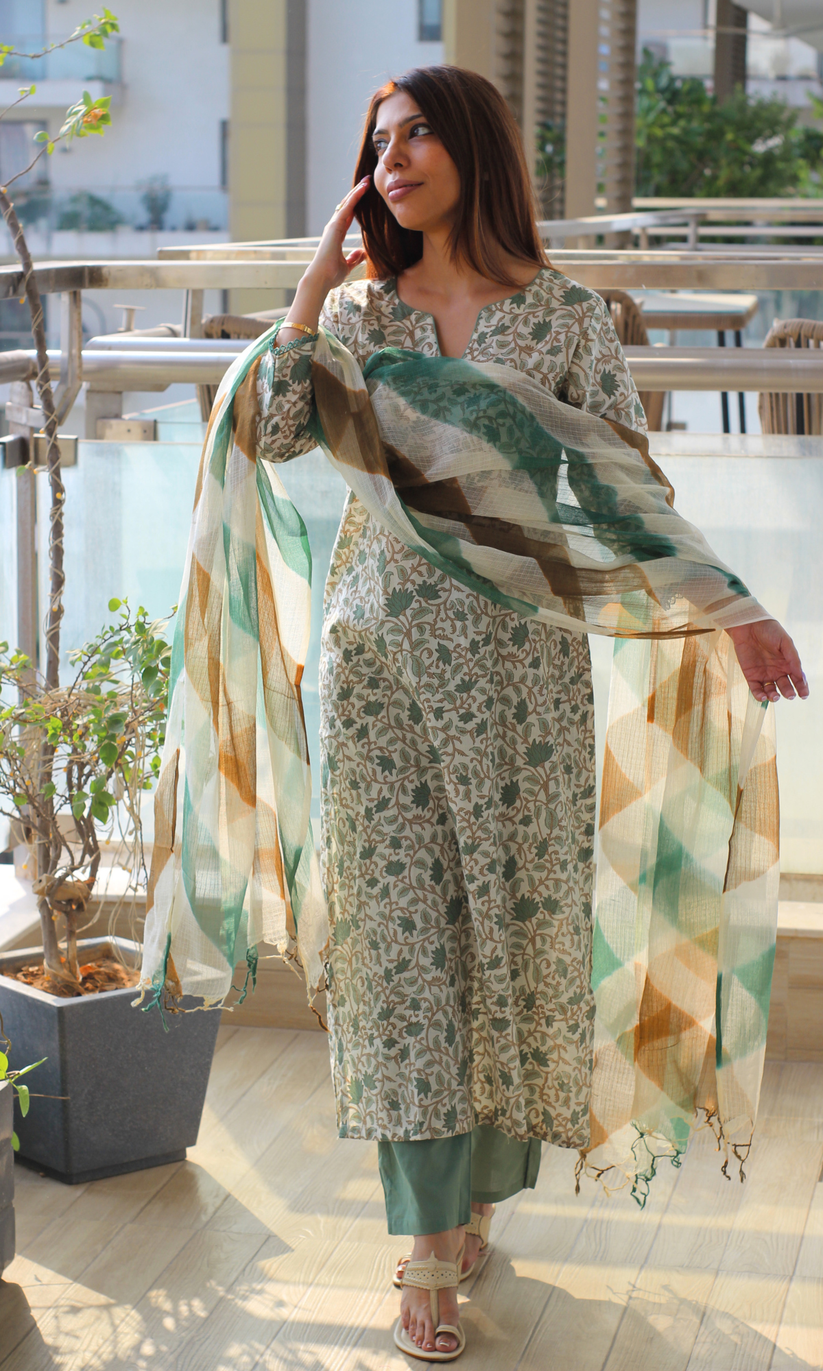 Gul Sage Printed Kurta, Solid Pants & Lehariya Kota Dupatta
