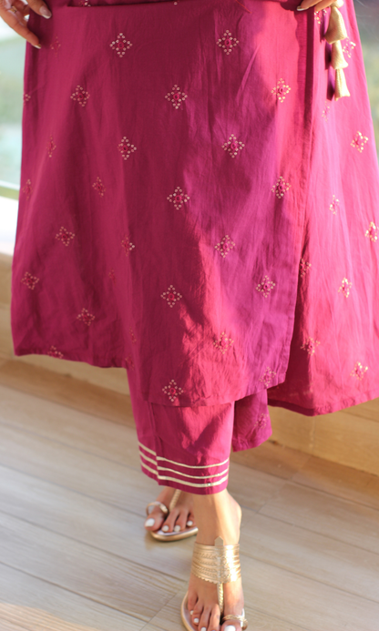 Mulberry Embroidered Cotton Angrakha Kurta & Pants