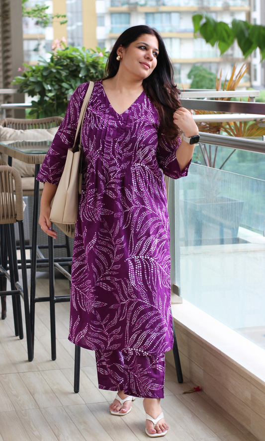 Purple Dotted Leafy Print Pleated Kurta & Pant