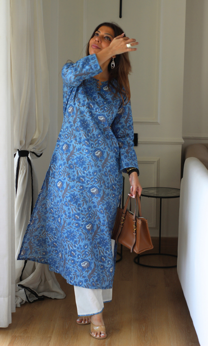 Garden Blue Block Print Kurta & Cotton Pants