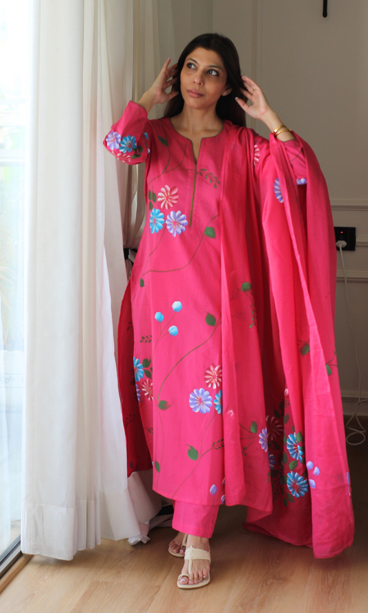 Cotton Magenta & Blue Handbrush Painted Kurta , Dupatta & Pants