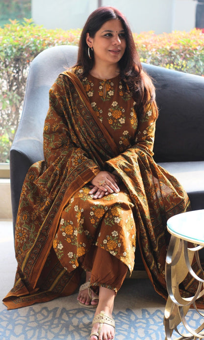 Cotton Coffee Mughal Print Suit with Afghani Pants & Mul Printed Dupatta