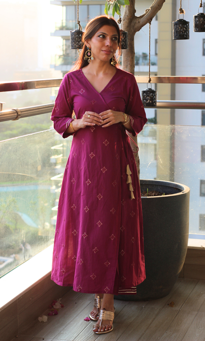 Mulberry Embroidered Cotton Angrakha Kurta & Pants