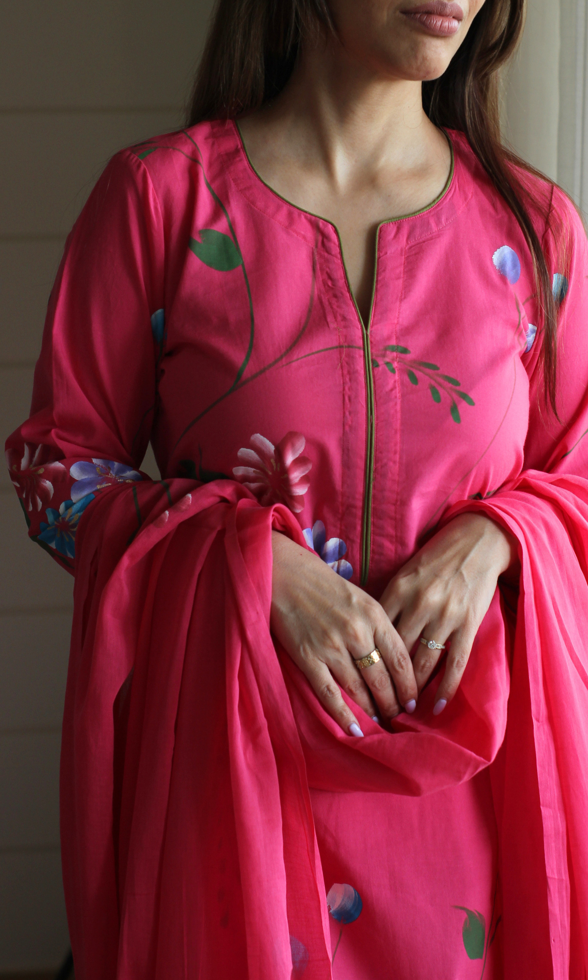 Cotton Magenta & Blue Handbrush Painted Kurta , Dupatta & Pants
