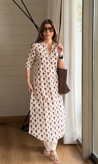 Huma Red Booti Handblock Cotton Buttoned Kurta with Pleated Pants