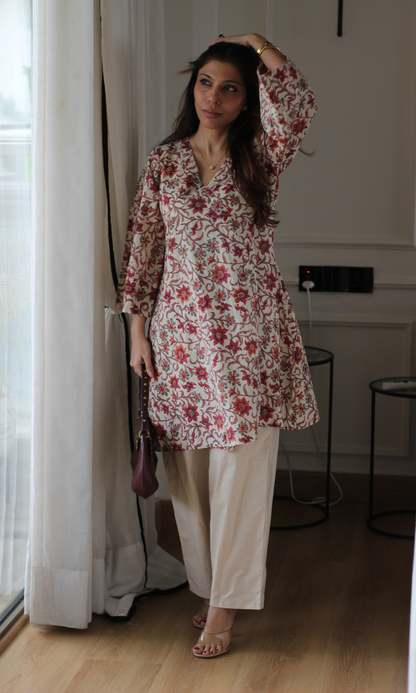 Sia Red Handblock Print Kimono Kurta with Cotton Pants