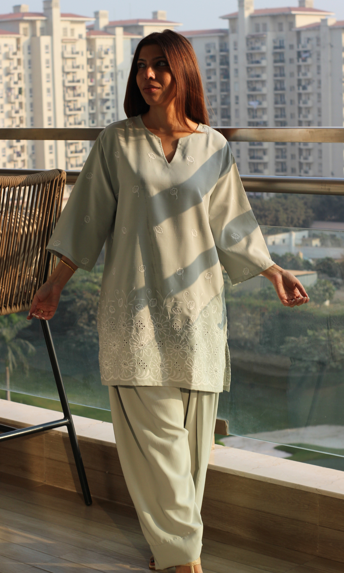 Muted Olive Embroidered Anti Fit Kurta & Farshi Salwaar