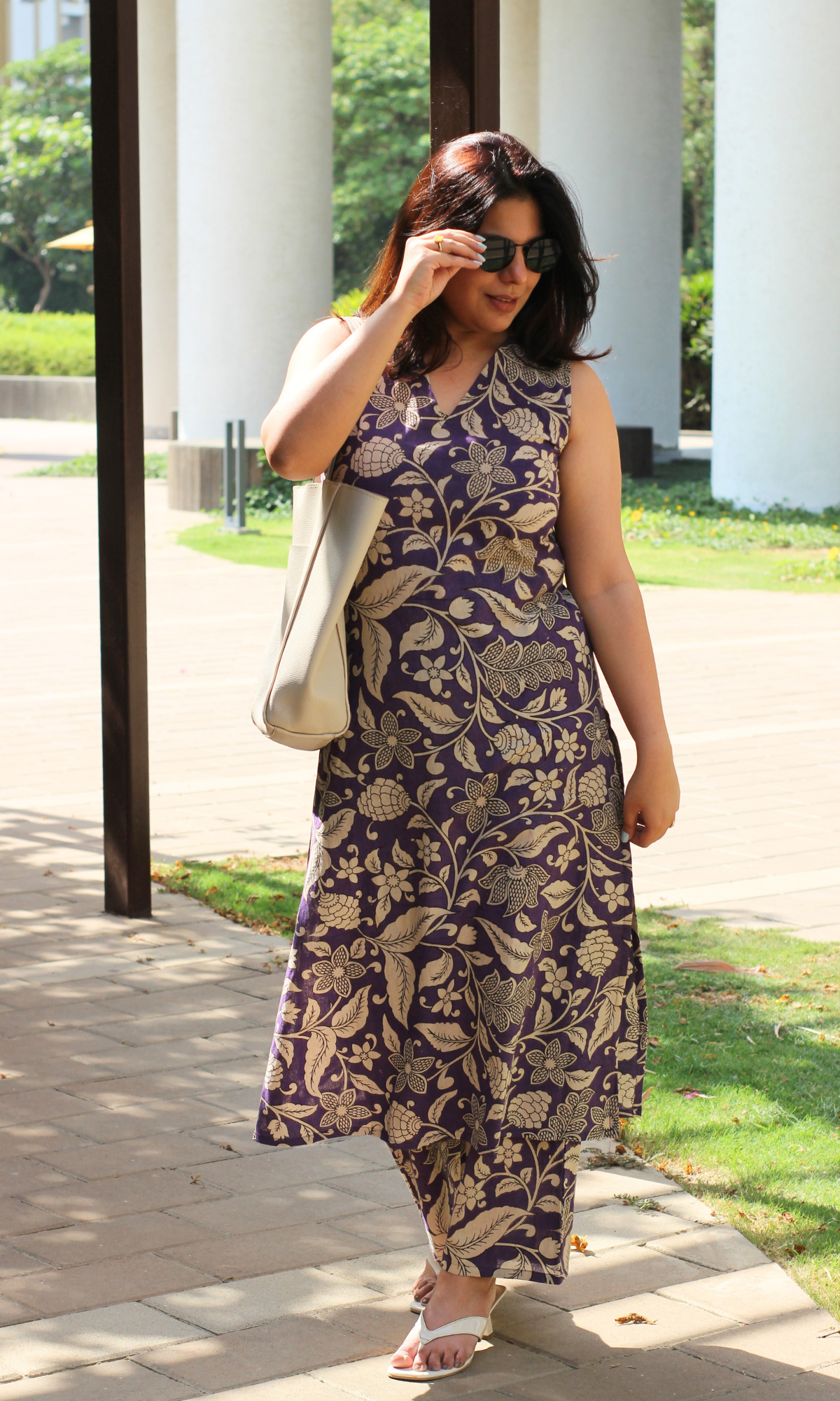 Cotton Handblock Purple Kalamkari phool print A line Kurta & Pants