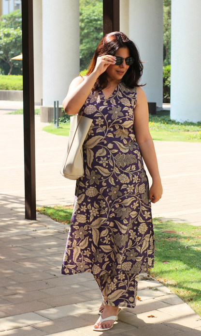 Cotton Handblock Purple Kalamkari phool print A line Kurta & Pants