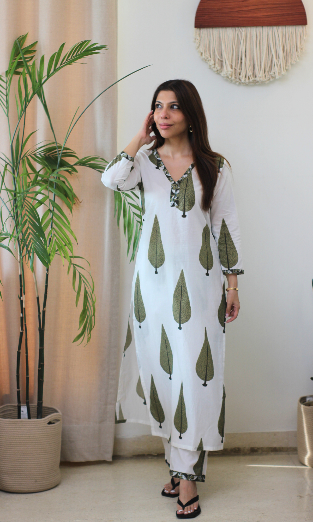 Cotton Ivory Leaf Printed Kurta & Pant