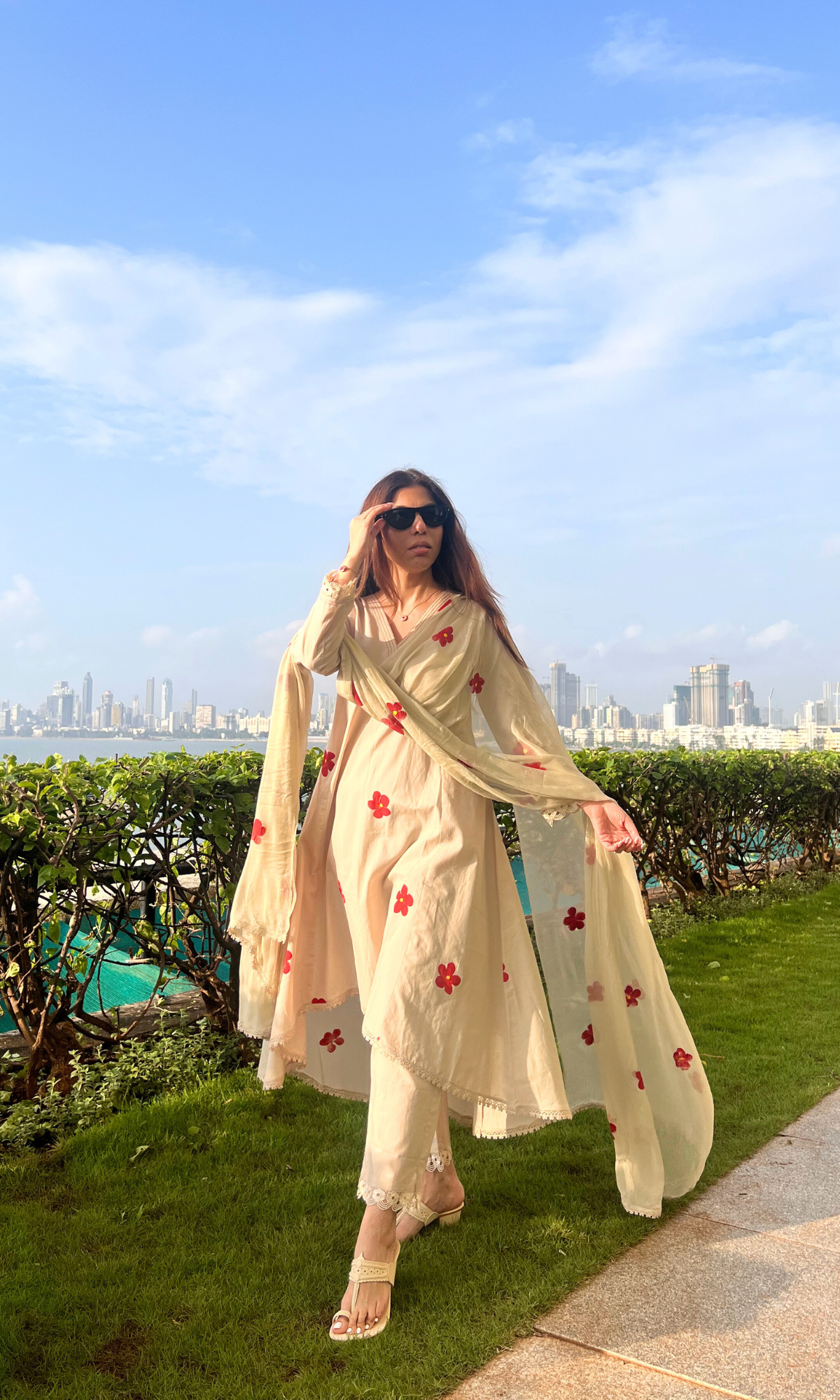 Ivory Floret Handbrush Painted Kali Kurta, Cotton Pants & Handpainted Chiffon Dupatta