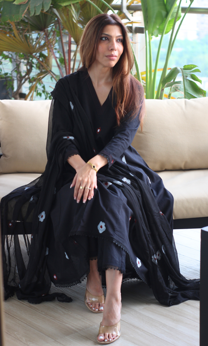 Florence Black A line Kurta with lace , Cotton Pants & Chiffon handpainted dupatta