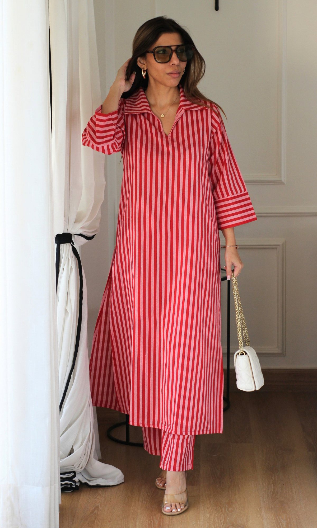 Red & Pink Striped Collared Handloom Cotton Coord