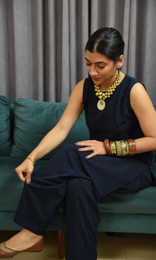 Deep Blue Glossy Boat Neck Kurta with Farshi Salwaar