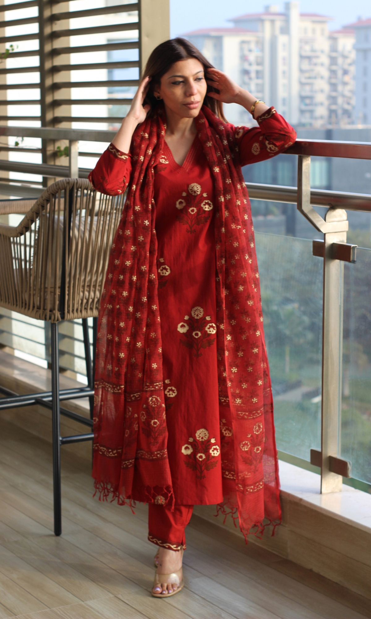 Red Rangreza Gold Handblock Mughal Print Kurta, Cotton Pants & Kota Doria Dupatta
