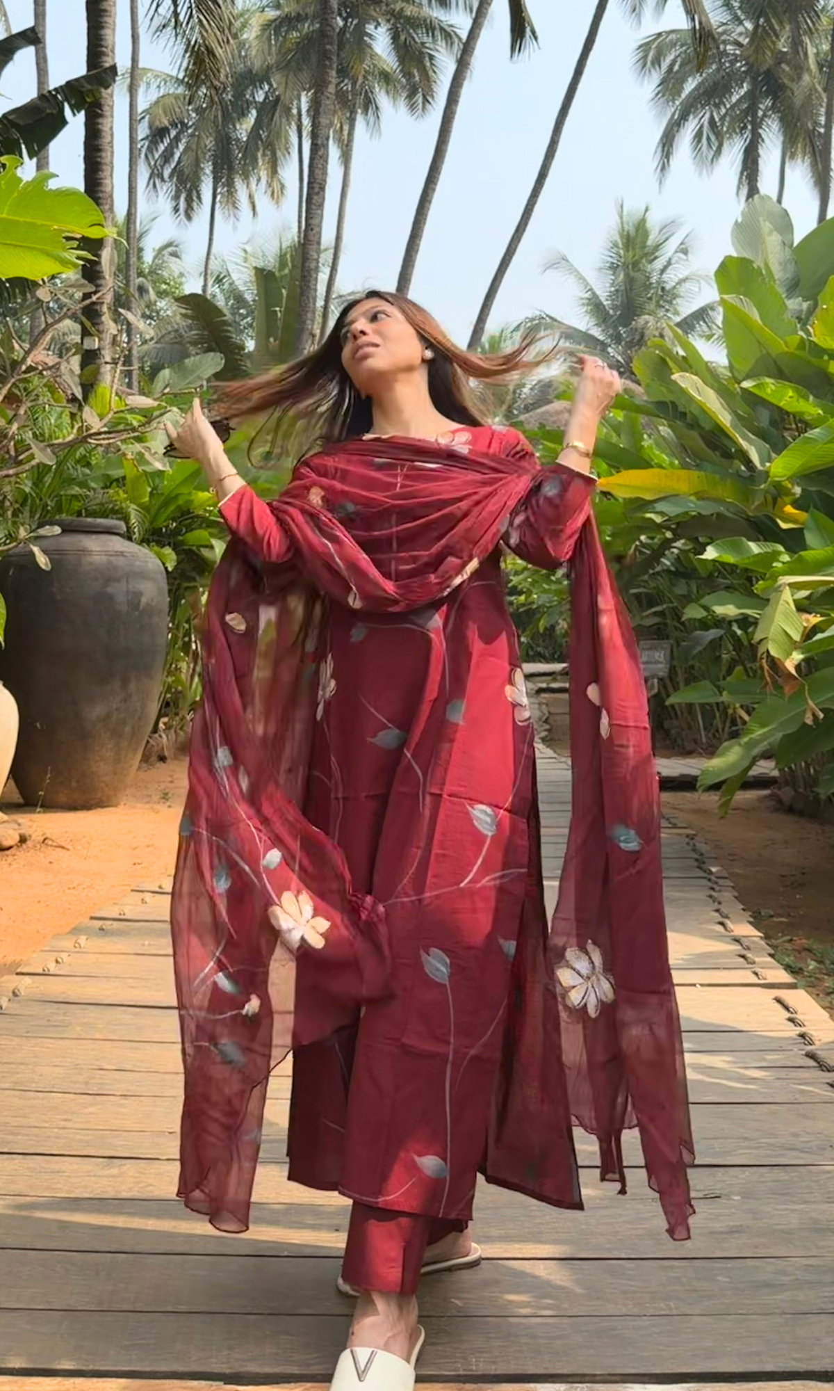 Maroon Zohra Handbrush Painted Kurta, Cotton Pants & Chiffon Handpainted Dupatta