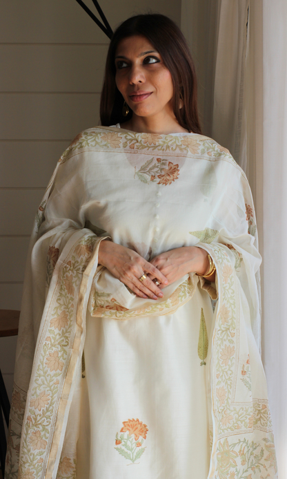 Saanjh Chanderi Silk Handblock Printed Kurta , Dupatta & Cotton Pants