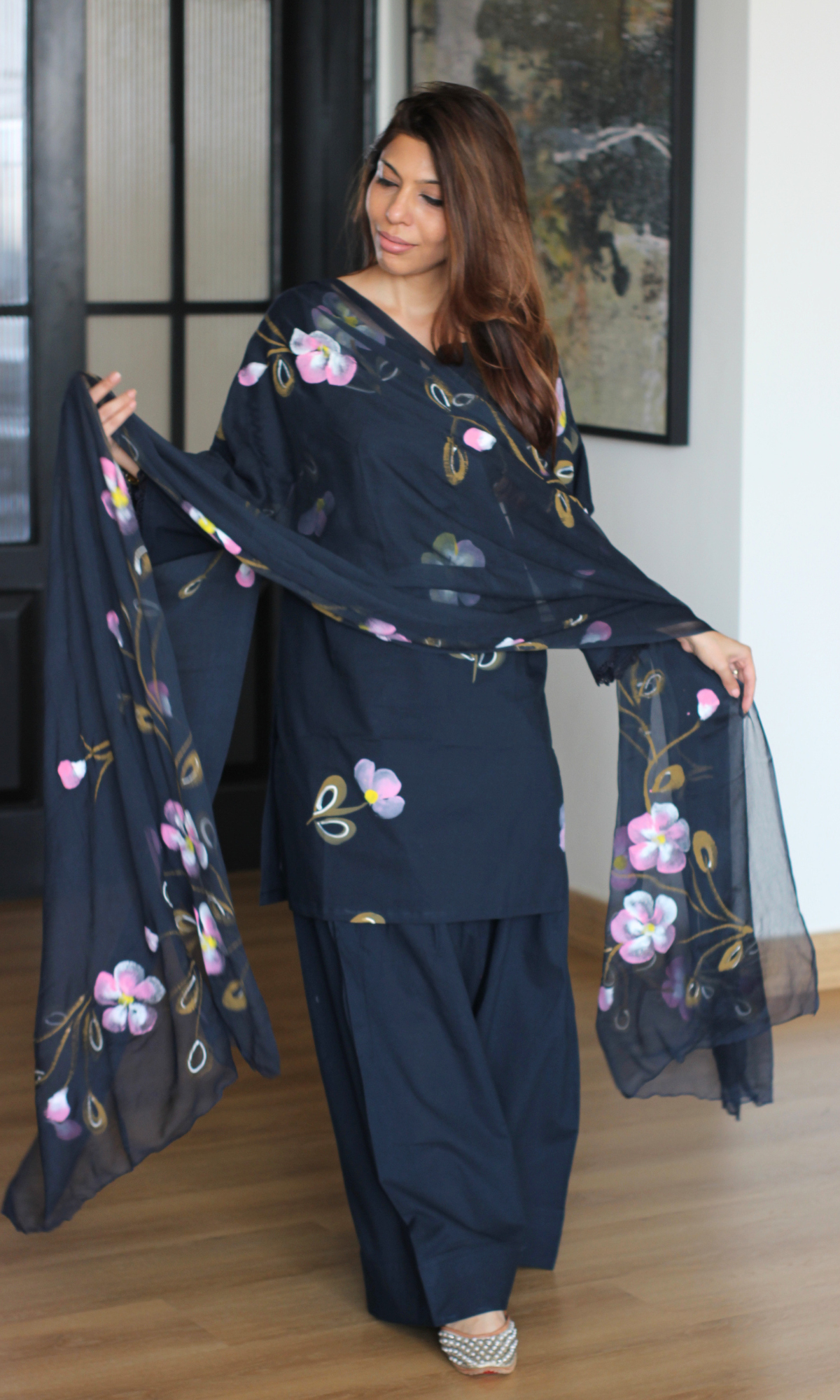 Cotton Navy Handbrush Painted Kurta, Chiffon Hand Painted Dupatta & Farshi Salwar