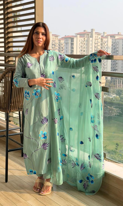Mint Whisper Handbrush Painted Kurta, Cotton Pants & Chiffon Handpainted Dupatta