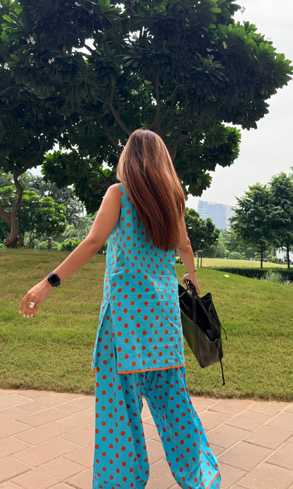 Blue Polka Print Kurta & Farshi Salwaar