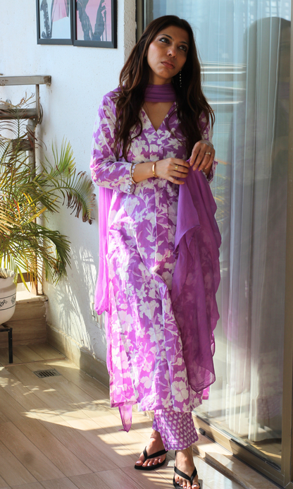 Cotton Lilac Botanica Printed Suit with Chiffon Dupatta