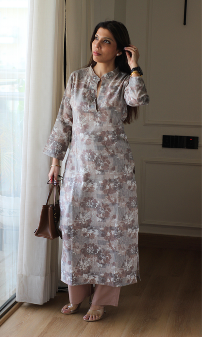 Linen Blend Almond Abstract Flower Kurta with Cotton Pants