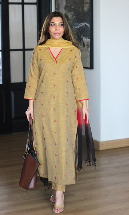 Copper & Red Handloom Cotton Dobby Kurta, Pant & Kota Doria Ombre Dupatta