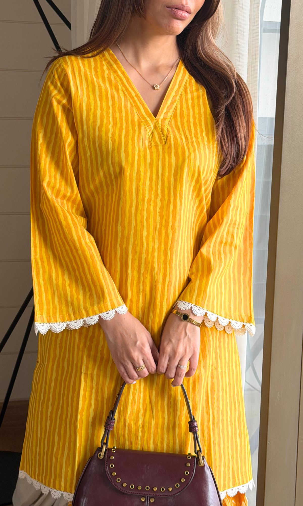 Cotton Yellow Striped Kurta with Floral Farshi Salwaar