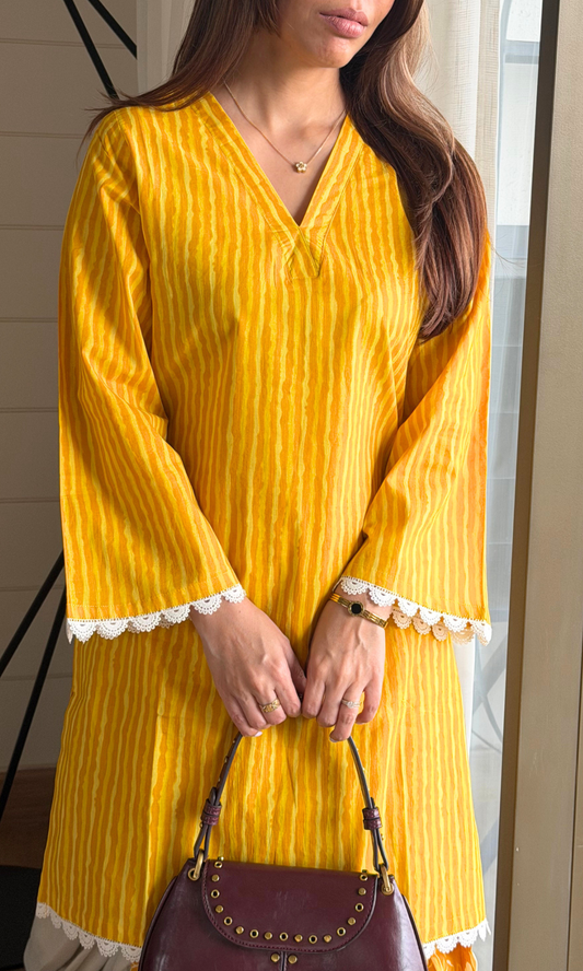 Cotton Yellow Striped Kurta with Floral Farshi Salwaar