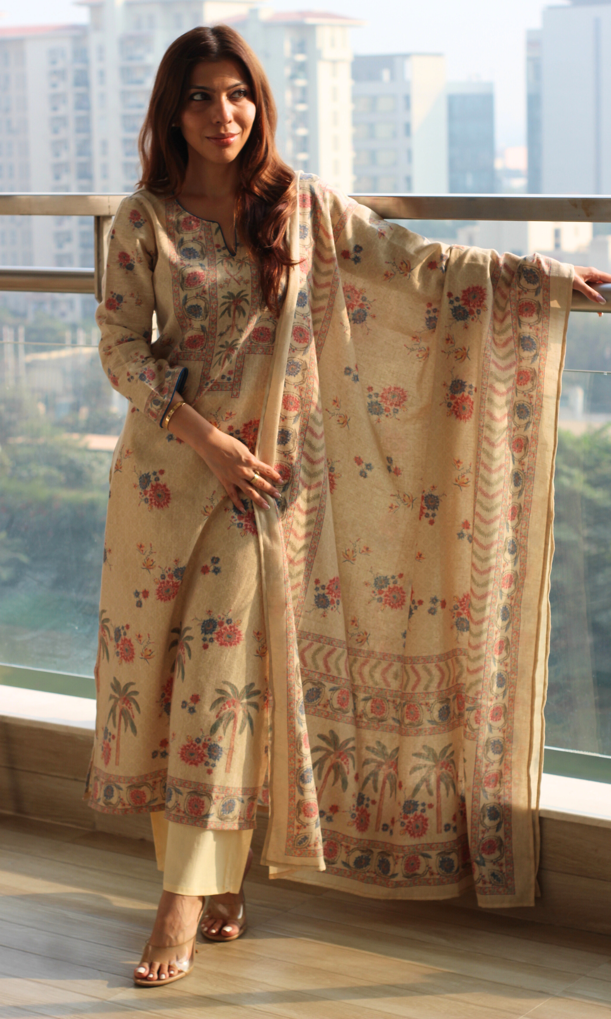 Beige Paradise Linen Blend Kurta, Dupatta & Cotton Pants