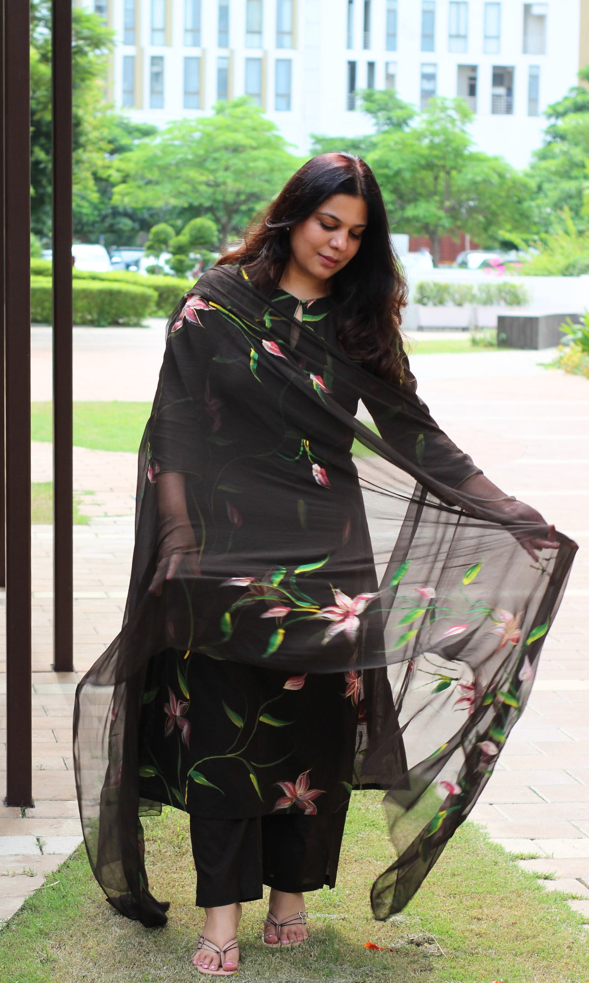 Chocolate Brown Handbrush Painted Kurta, Cotton Pants & Chiffon Handpainted Dupatta