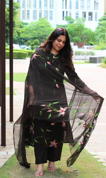 Chocolate Brown Handbrush Painted Kurta, Cotton Pants & Chiffon Handpainted Dupatta